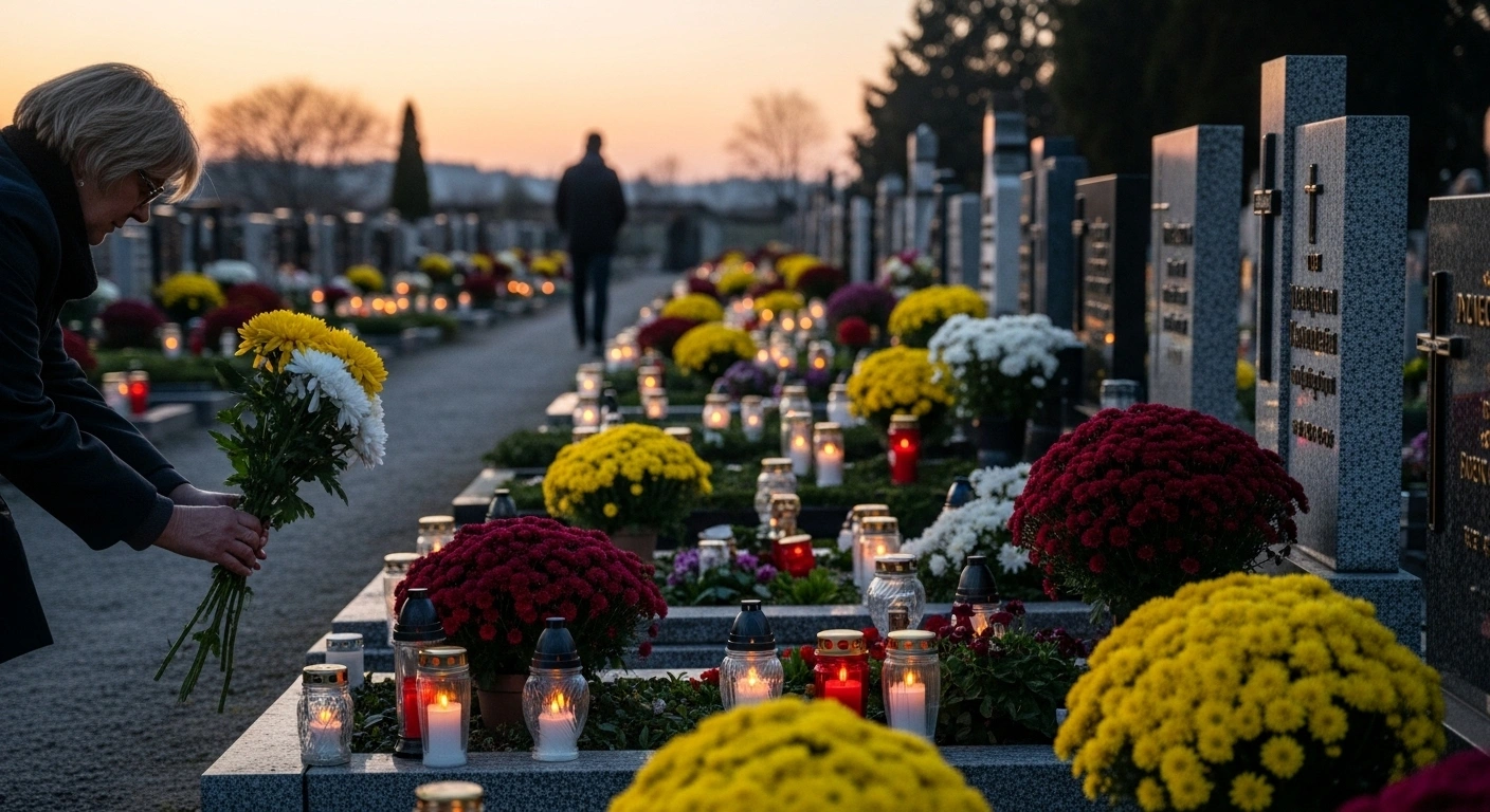 A wide shot of an Austrian cemetery at dusk on All Saints' Day shows rows of headstones adorned with candles and flowers, with hands placing a bouquet in the foreground, and a solitary, silhouetted figure standing apart in the background, illustrating the paradox of public remembrance and the taboo of death.
