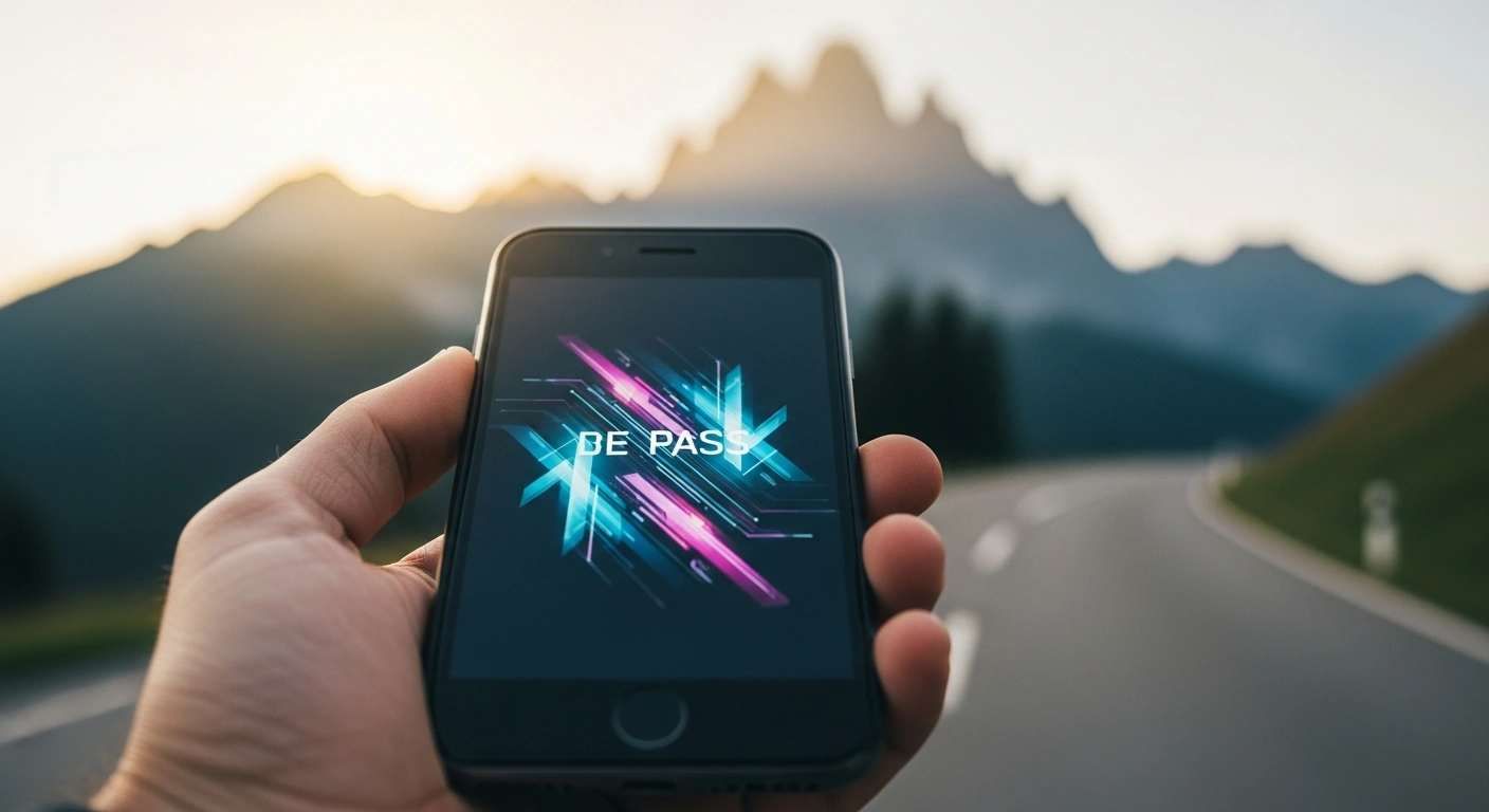 A close-up of a hand holding a smartphone displaying a glowing digital vignette on its screen, set against a softly blurred background of the Austrian Alps, representing Austria's Digital Vignette 2026.