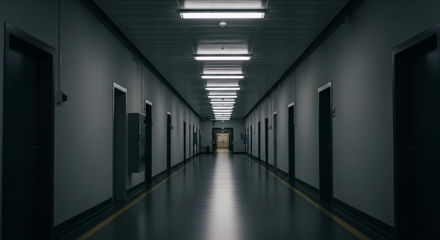 A sterile, institution-like corridor with harsh fluorescent lighting and a distant, slightly open doorway, visually representing Austria's new national measures for the EU's Common European Asylum System, including extended airport detention and centralized procedures.