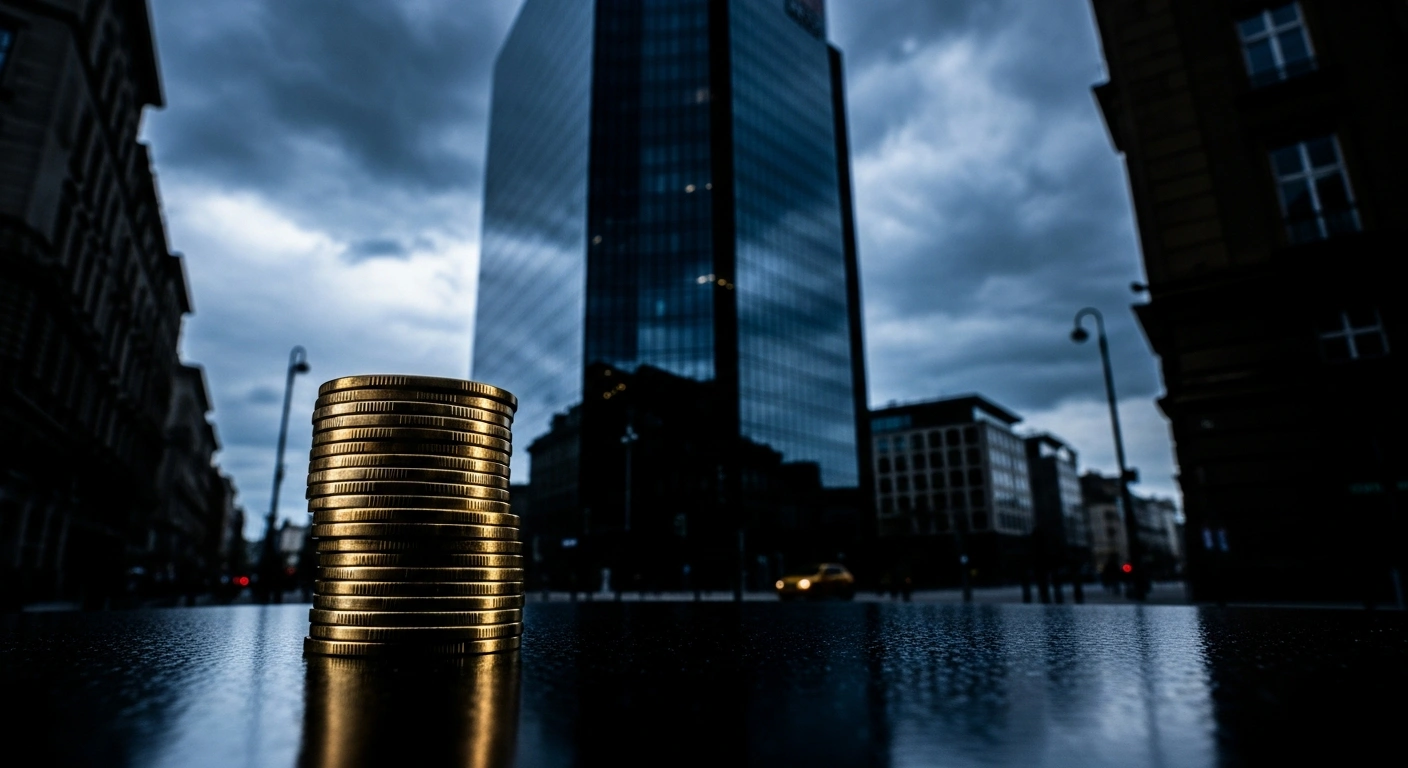 A stack of gold coins rests in front of a modern office building as Austria and other European Union states propose a windfall tax on energy companies.