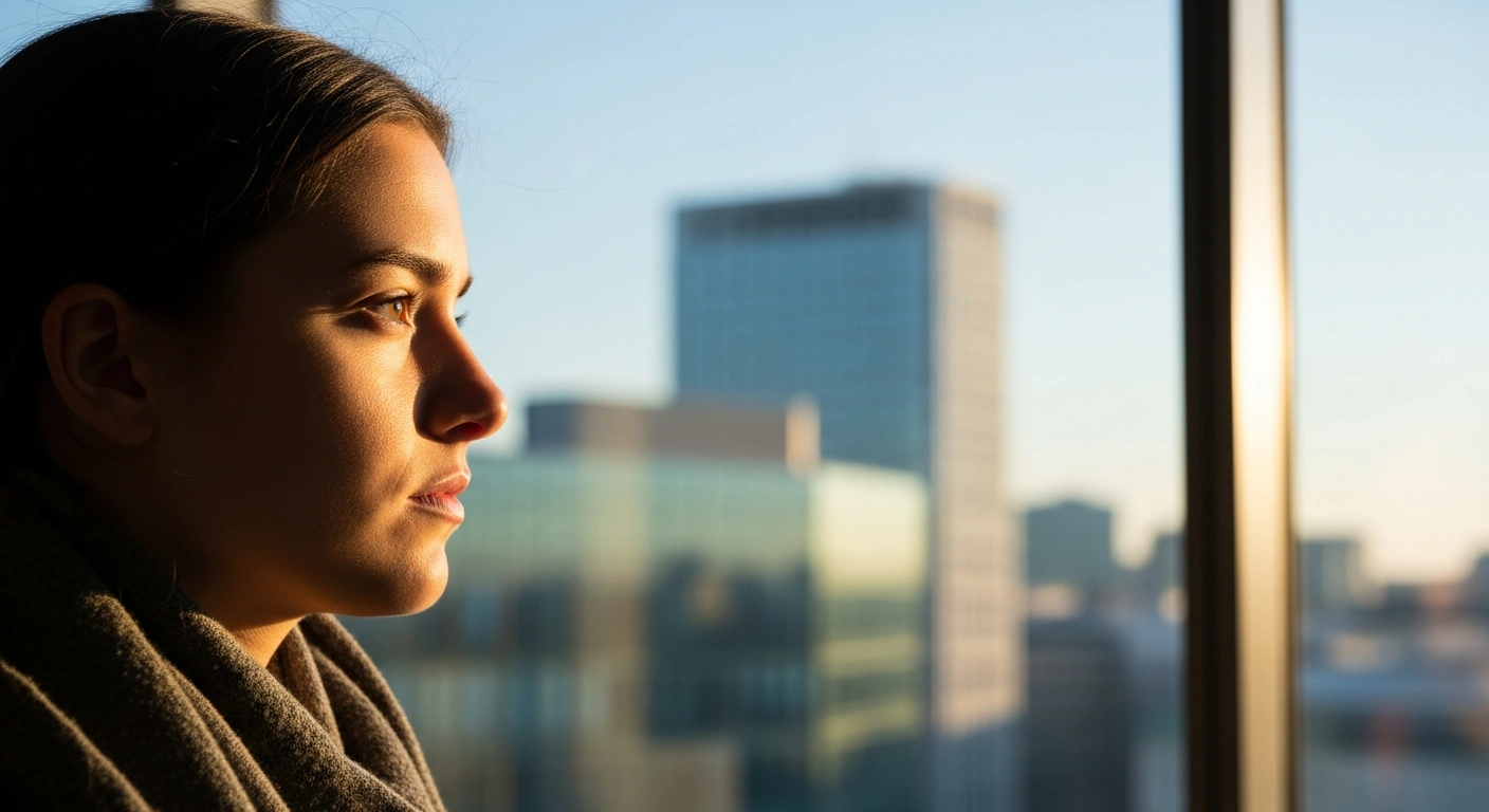 A person with a determined expression looks towards a modern Austrian cityscape, representing the new income thresholds and self-sufficiency requirements for residence permit applicants in Austria, effective 2025.