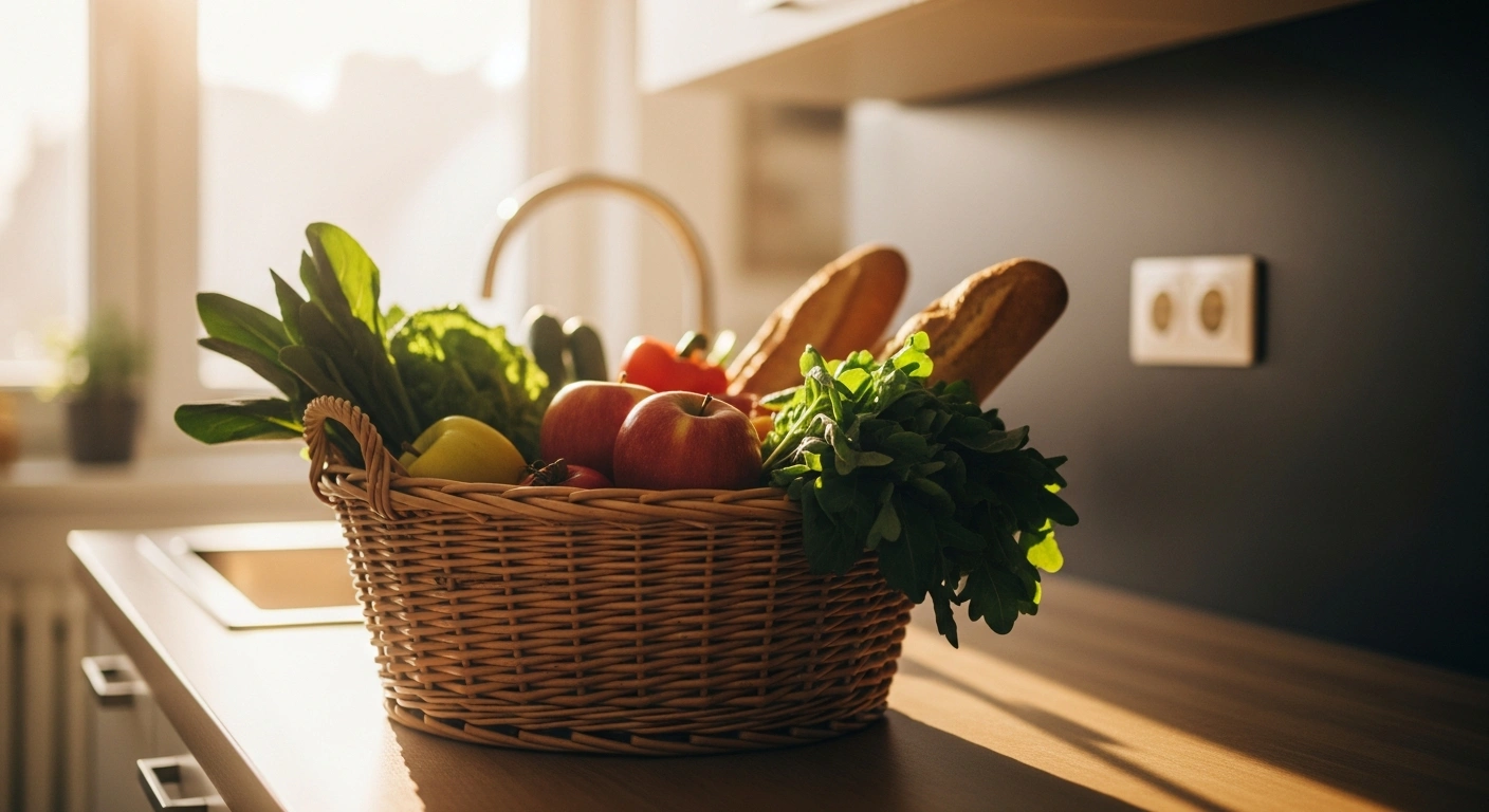 A basket of fresh groceries sits on a kitchen counter, representing the impact of reduced inflation and VAT on food prices in Austria.