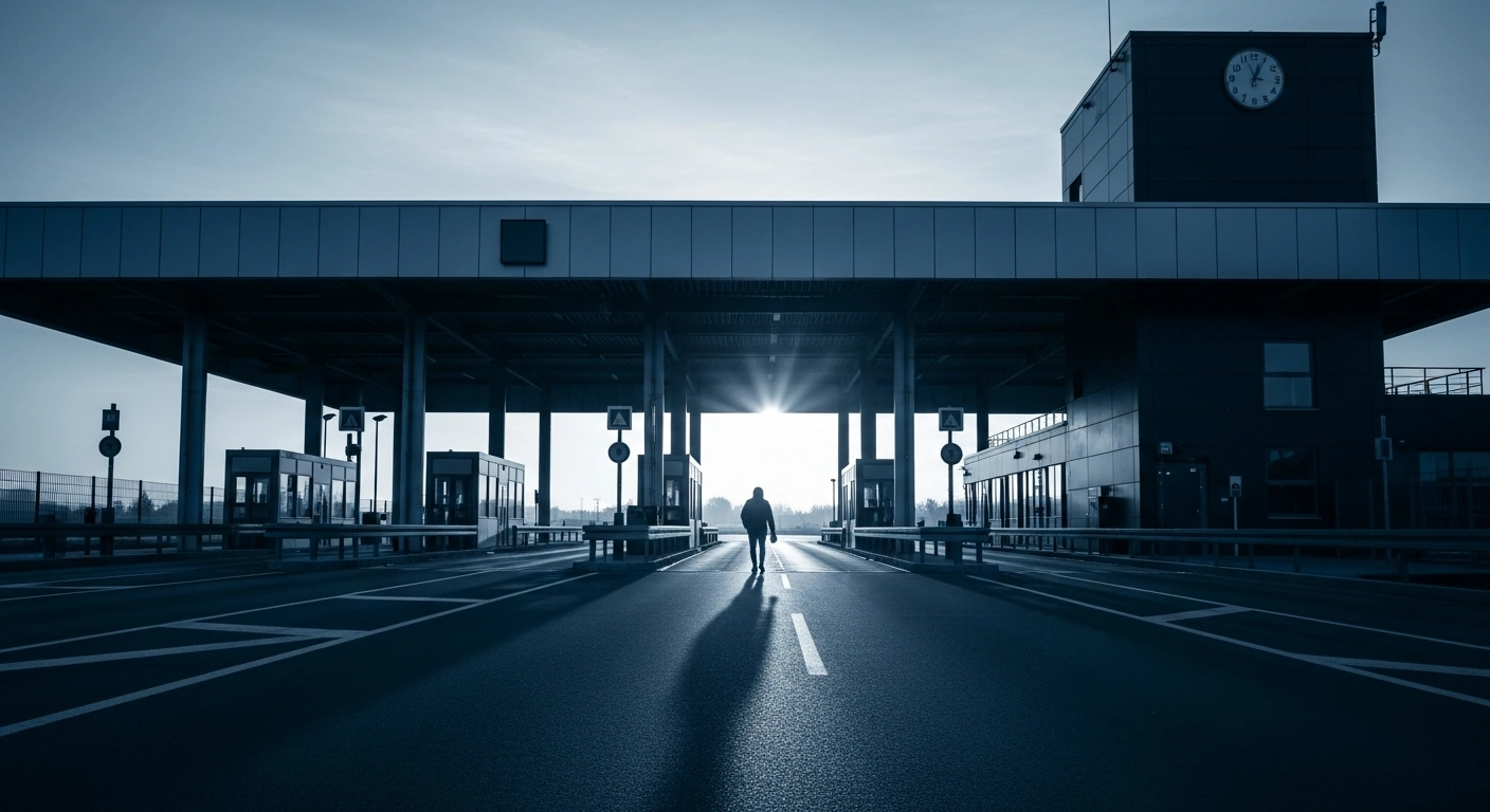 A person walks away from an Austrian border crossing as migration trends show more people leaving the country than arriving.