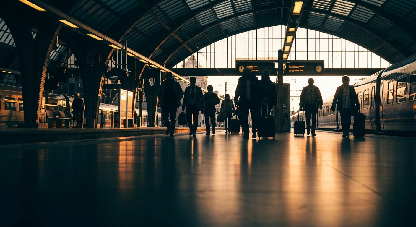A group of people walking toward a departing train at an Austrian station, representing the shift in migration trends where departures exceed new asylum applications.