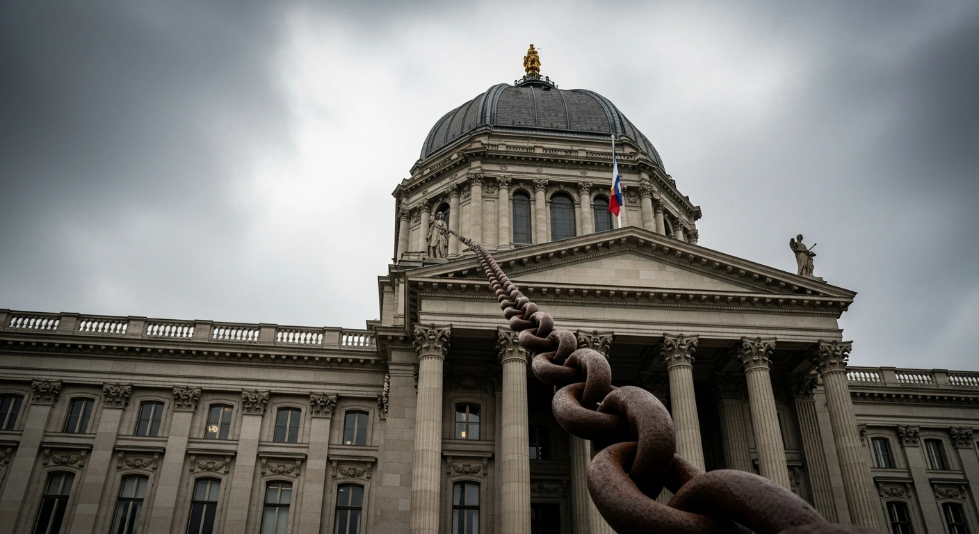 A dramatic low-angle shot of a classical European government building being pulled downwards by a massive, rusted iron chain, symbolizing Austria's public debt climbing to €423.9 billion, or 83.7 percent of GDP.