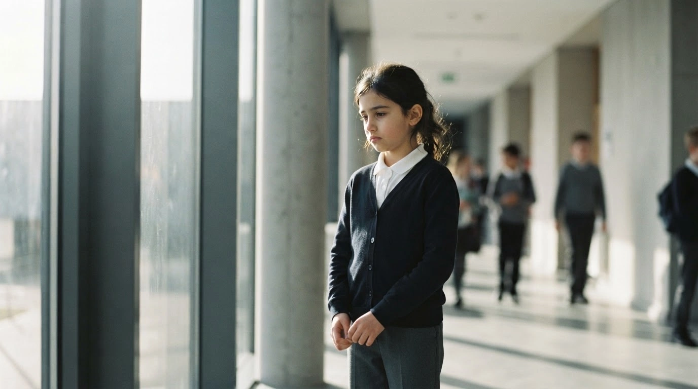 A young girl stands in a modern school hallway in Austria following the implementation of a legislative ban on religious headscarves in primary schools.