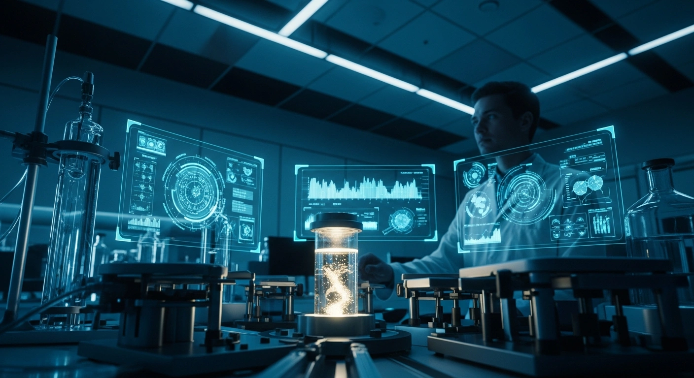 A scientist in a high-tech Austrian laboratory monitors complex data displays and a glowing wastewater sample, representing the National Reference Center's surveillance of SARS-CoV-2, Influenza, and RSV for public health.