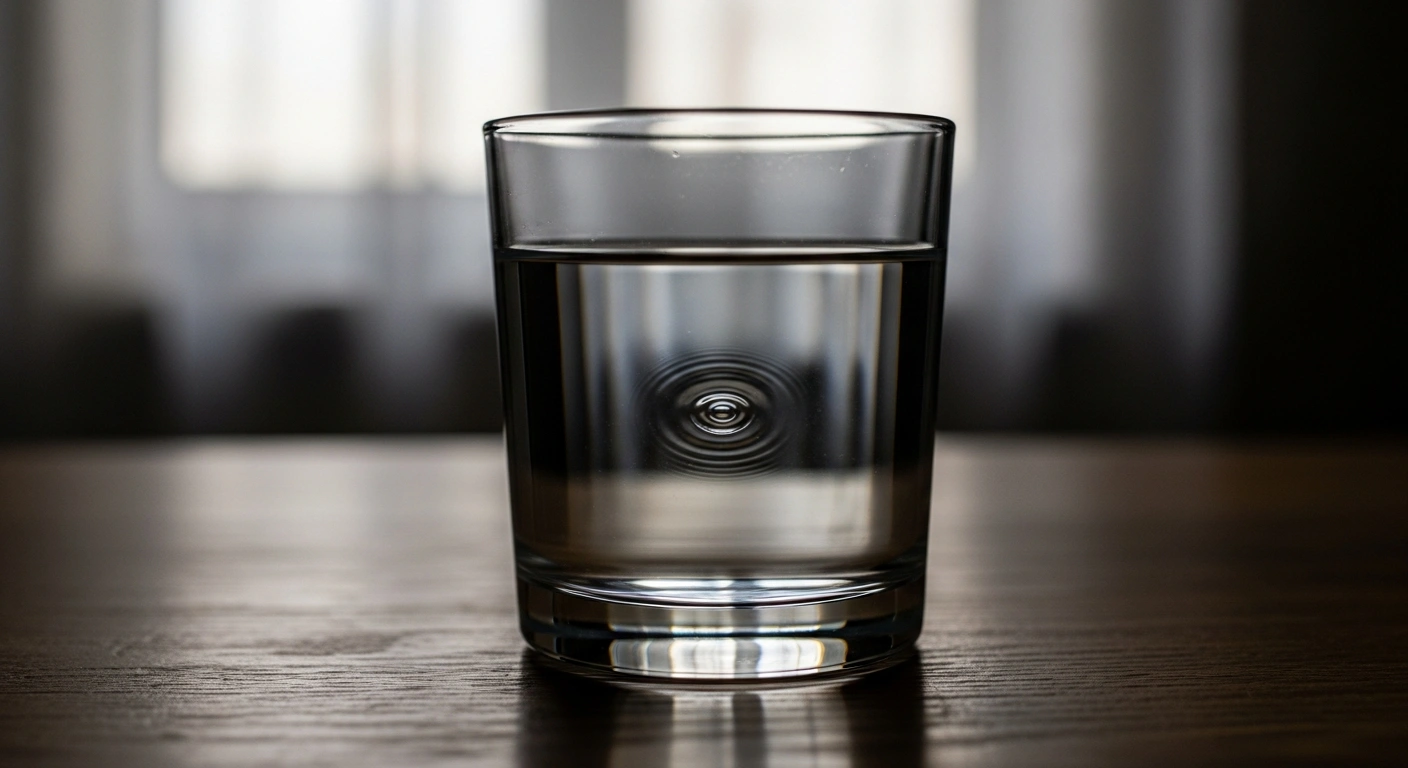 A close-up, low-angle shot of a glass of seemingly clear drinking water on a wooden table, subtly disturbed by a ripple and illuminated by cold moonlight, visually representing the glyphosate and pesticide contamination found in drinking water in Wiesfleck, Oberwart district, Austria.