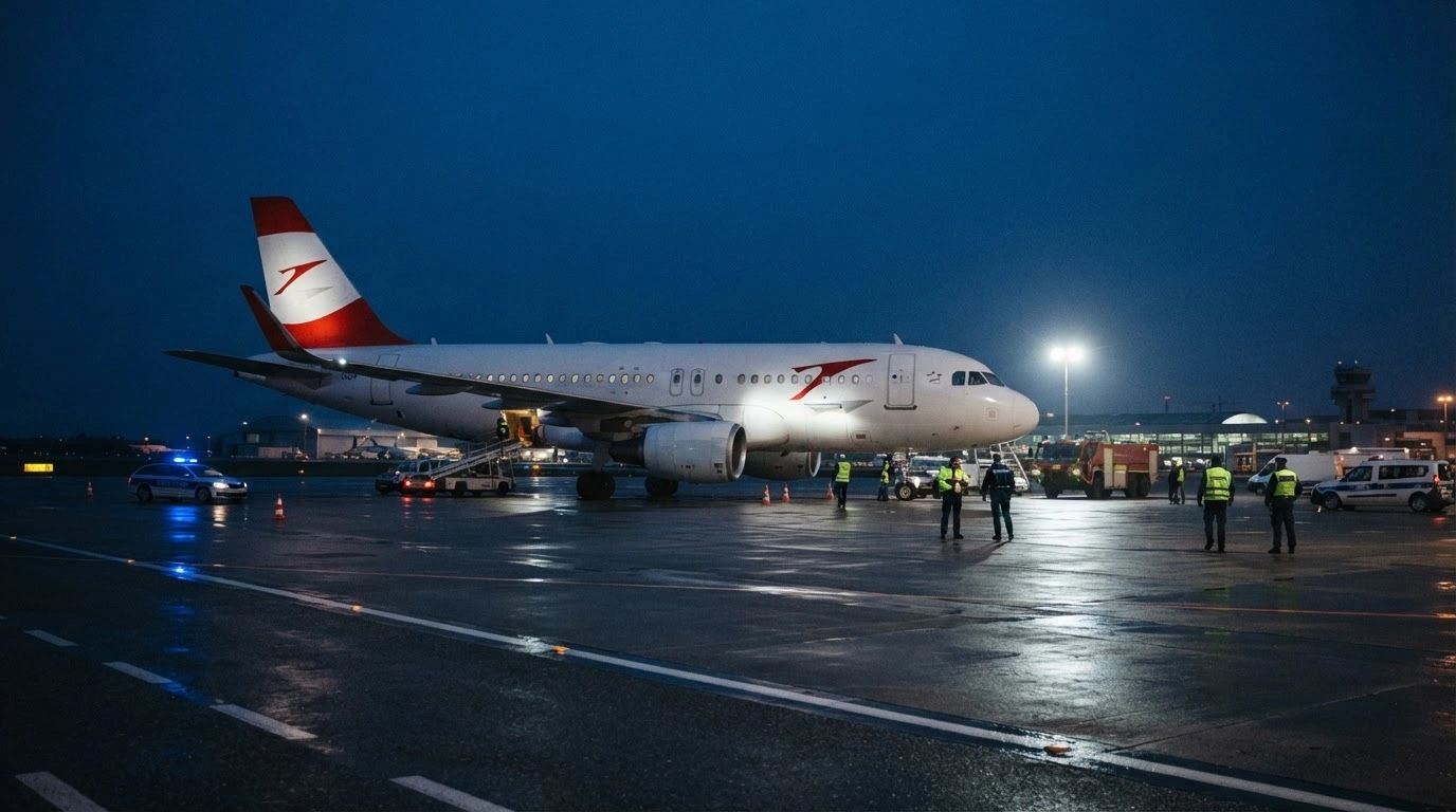 An Austrian Airlines passenger plane sits on the tarmac at Sofia Airport during a security inspection after a flight diversion.