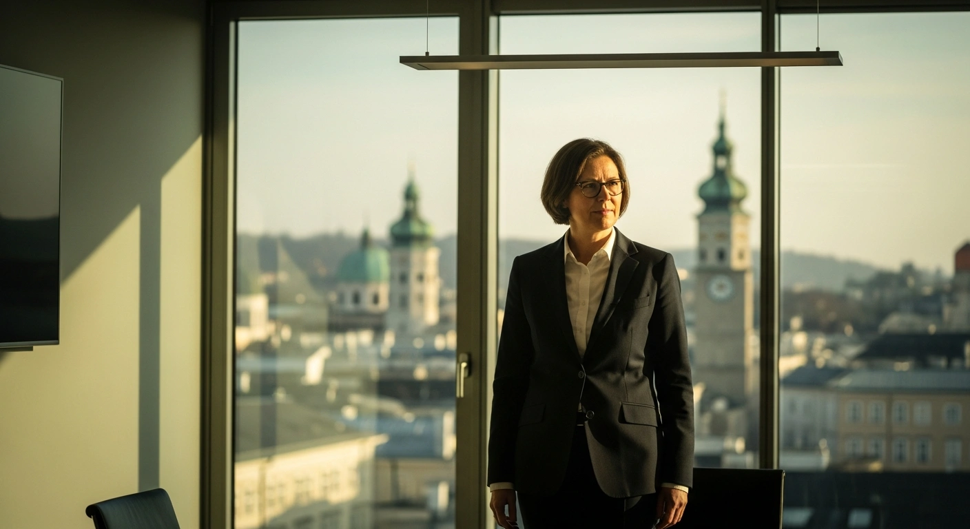 Austrian Chancellor Christian Stocker stands in his office overlooking a city to mark the one-year anniversary of his coalition government's economic and structural reforms.