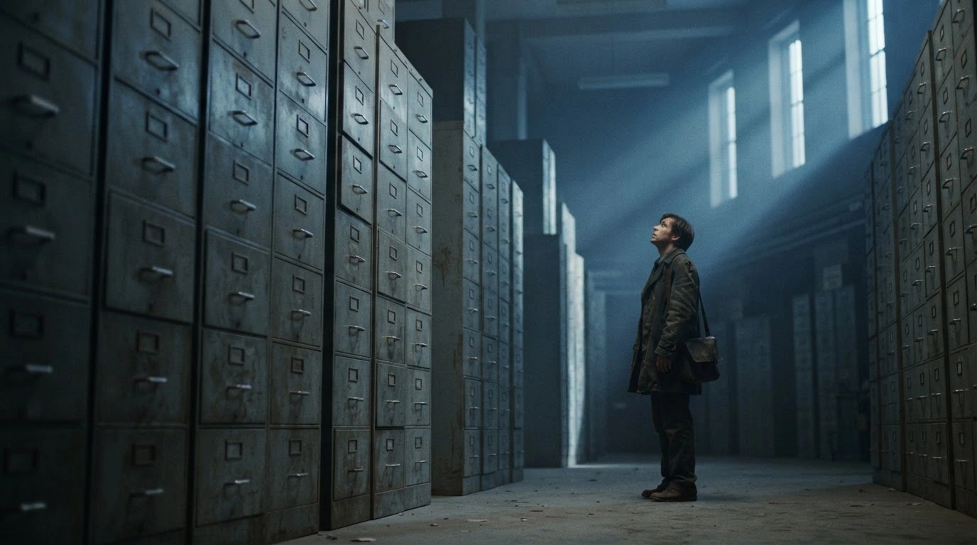 A person stands in a large, dimly lit government office filled with rows of filing cabinets, representing the administrative delays in Austrian citizenship application processes.
