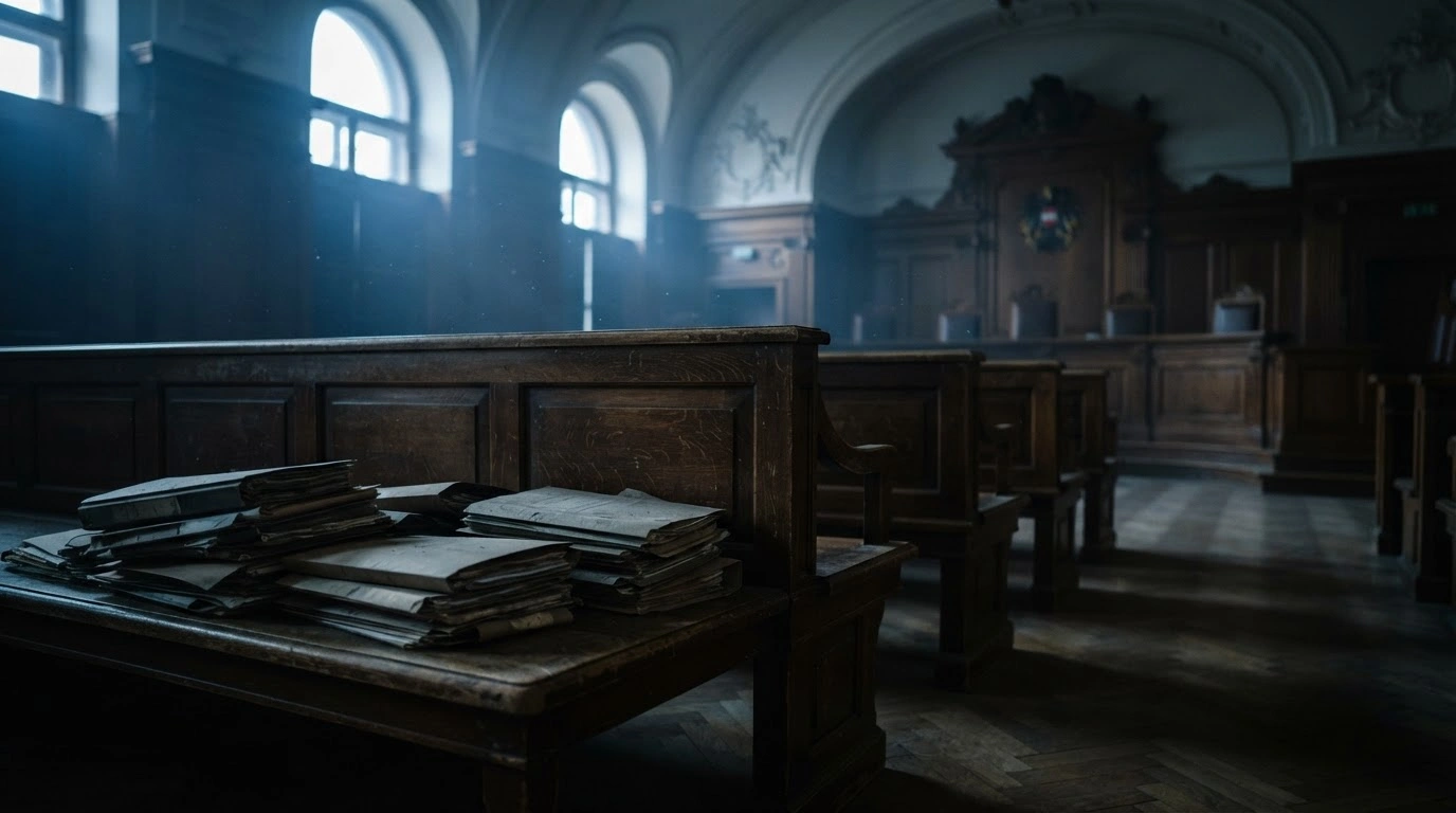 Empty wooden benches and stacks of legal files sit in a dimly lit Austrian courtroom during a protest against judicial staff shortages.