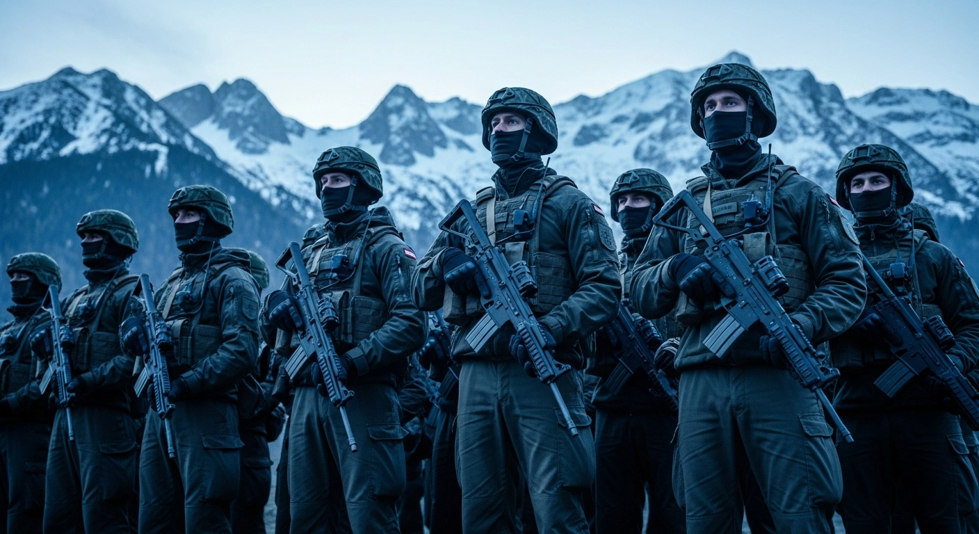 Austrian soldiers in tactical gear stand in formation against the backdrop of the Alps as the government considers reforms to national military service.