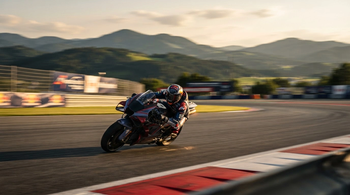 A professional motorcycle racer leans into a high-speed turn on a racing circuit at the Red Bull Ring during the 2026 Austrian MotoGP Grand Prix.
