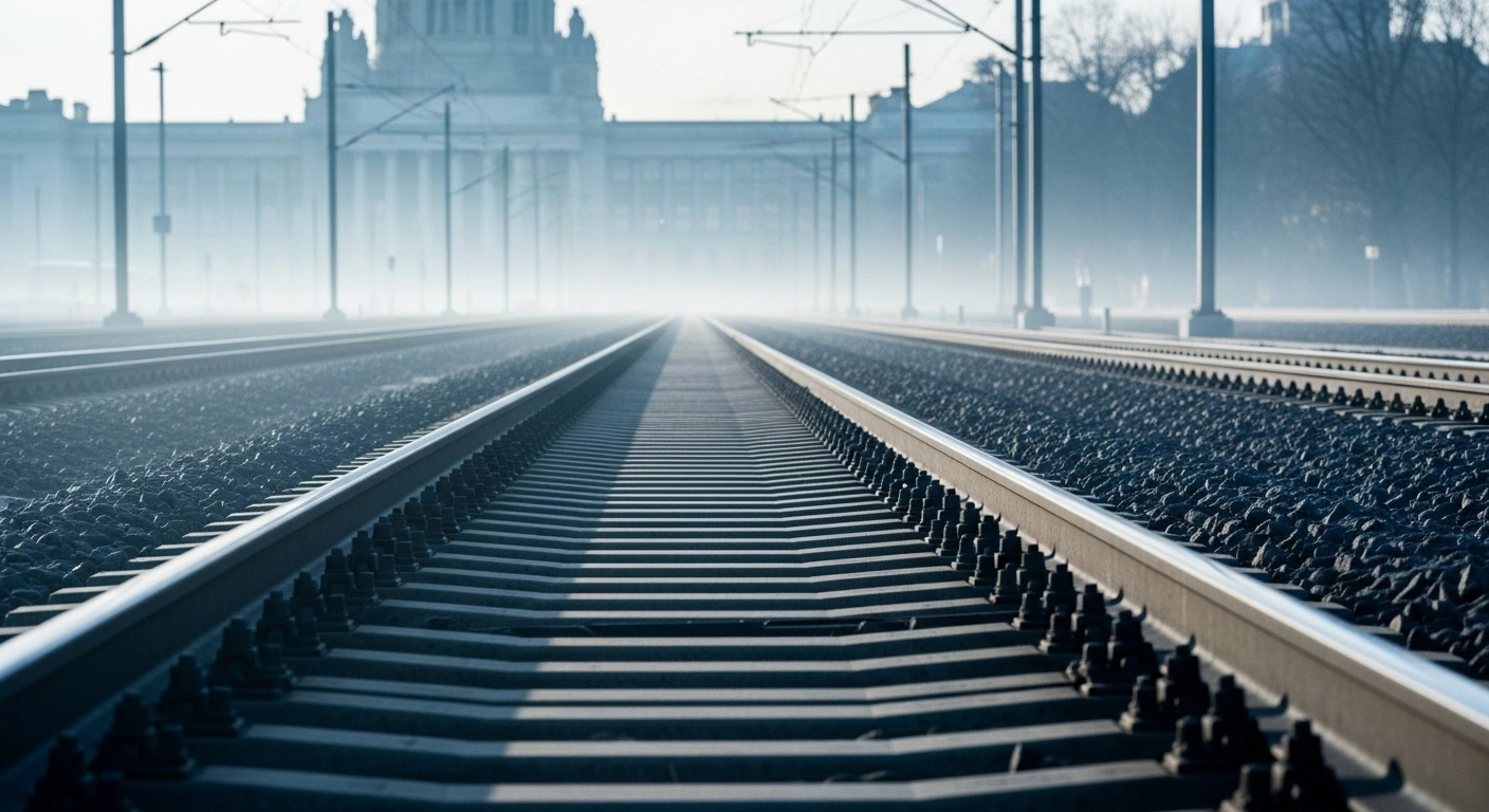 A low-angle, wide shot captures a modern high-speed train track extending into a misty dawn, with a classical government building in the distant background, representing the Austrian federal government's efforts to amend the Railway Act for Vienna's Verbindungsbahn project and ÖBB infrastructure.