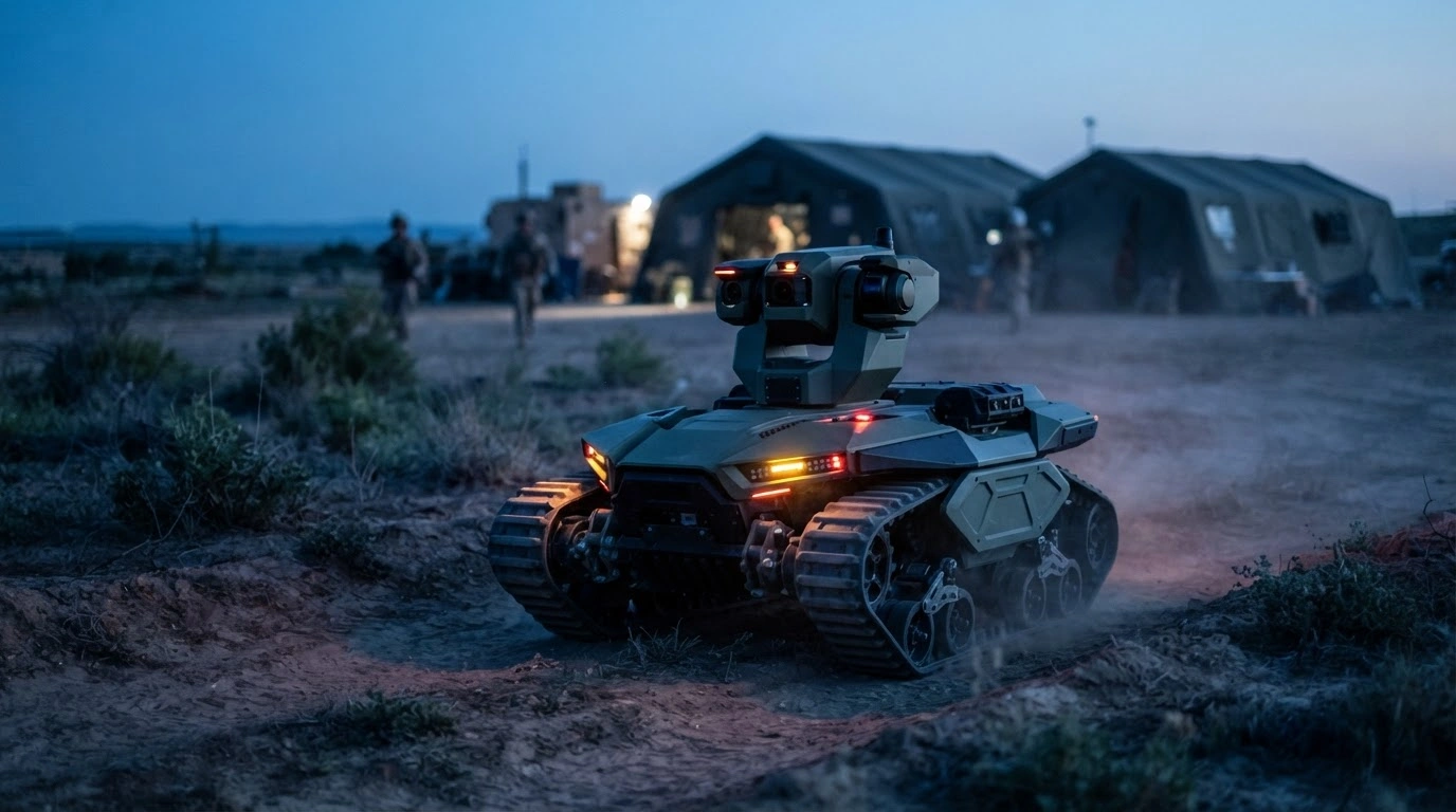A high-tech autonomous military vehicle equipped with advanced sensors and robotics operates on a training field during a defense technology demonstration.