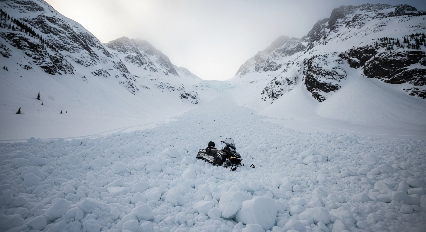 A wide, low-angle shot shows a vast, freshly scarred avalanche path in British Columbia's Kootenay Pass backcountry, with a single, partially buried snowmobile amidst chaotic debris, symbolizing the recent avalanche fatality of a 23-year-old snowmobiler and the hazardous conditions.