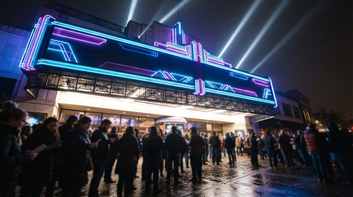 A crowd of people waits in line outside a brightly lit cinema to purchase tickets for the film Avengers: Doomsday in Australia.