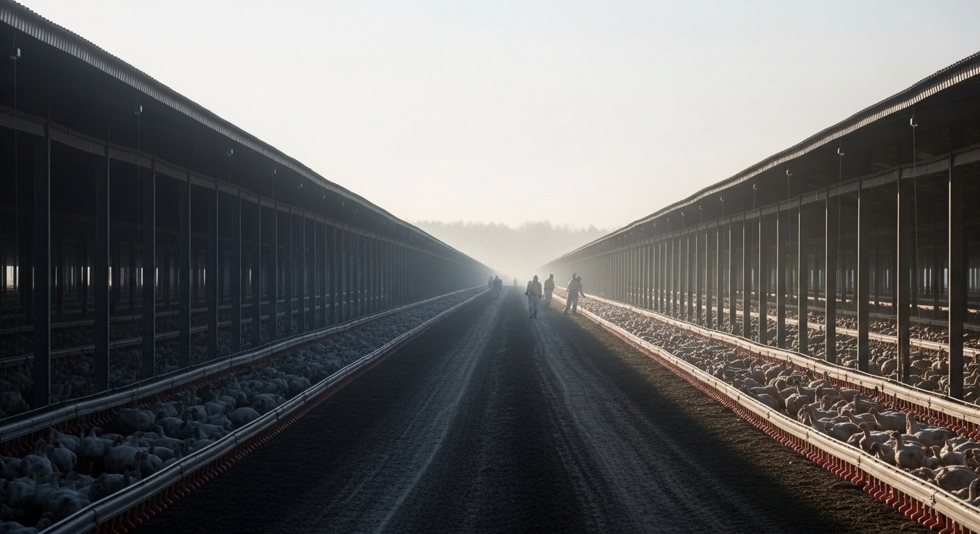 A wide, low-angle shot of a desolate commercial poultry farm at dawn, with sterile sheds and distant figures in hazmat suits, depicting the HPAI H5N1 outbreak and culling operations in Lakenheath, West Suffolk.