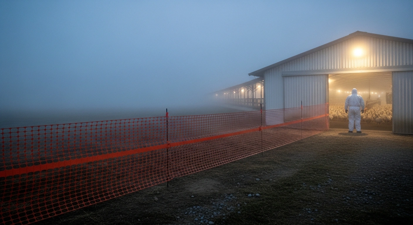 A somber, misty dawn scene at a commercial poultry farm near Alvechurch, Worcestershire, showing a newly erected orange protection zone fence and a lone figure in a white hazmat suit, symbolizing the H5N1 avian influenza outbreak and the impending culling of birds.