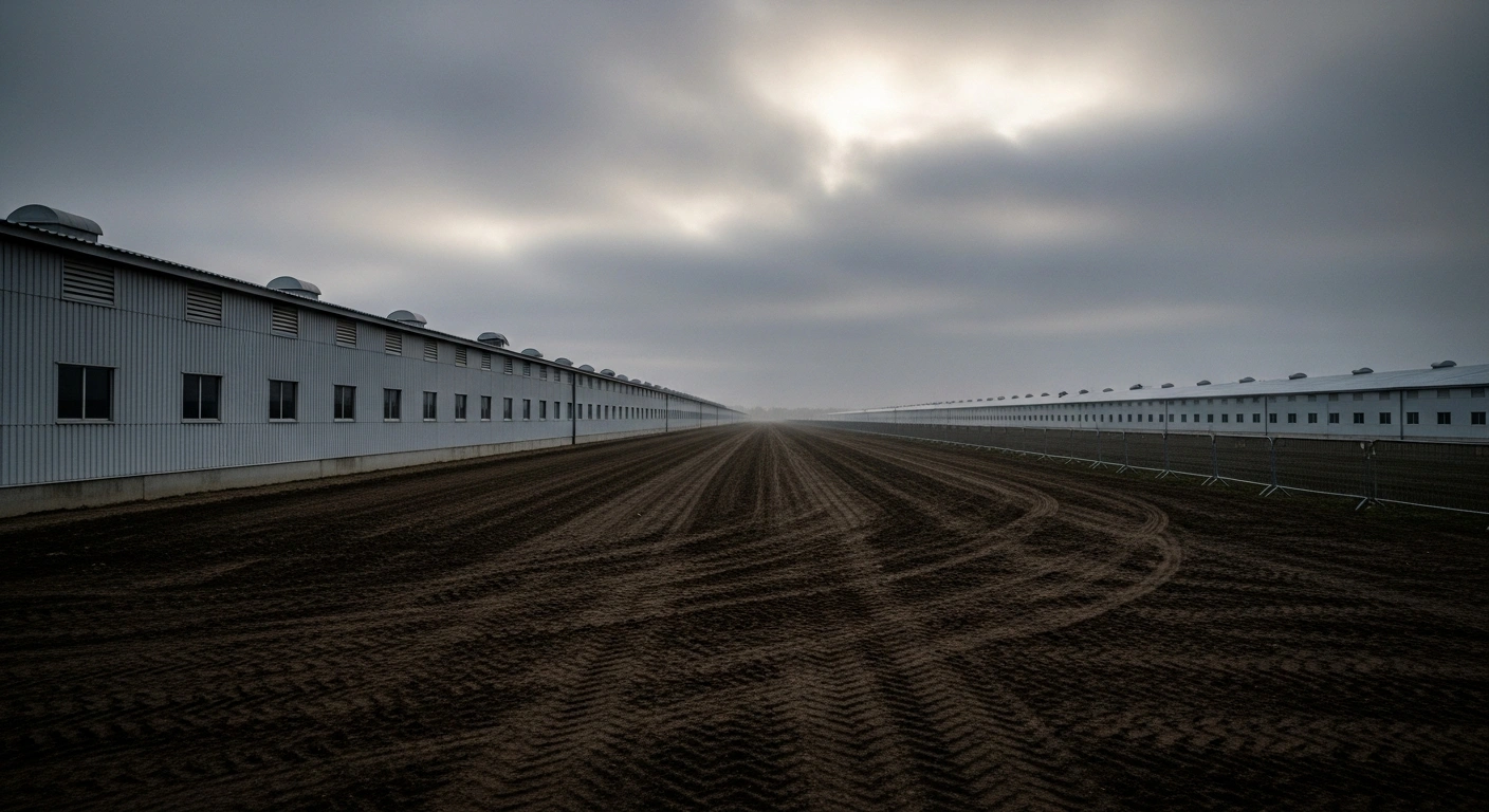 A wide, low-angle shot of a large commercial poultry farm at dawn, with rows of sheds stretching into the misty distance and a faint perimeter fence, symbolizing the H5N1 avian influenza outbreak and culling operations confirmed near Sudbrooke, Lincolnshire, on December 6, 2025.