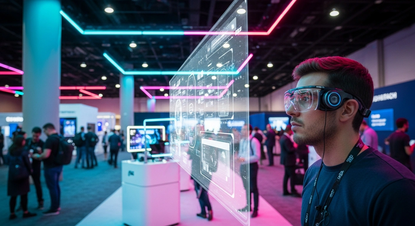A developer interacts with a holographic augmented reality interface at the Augmented World Expo 2026 in Long Beach.