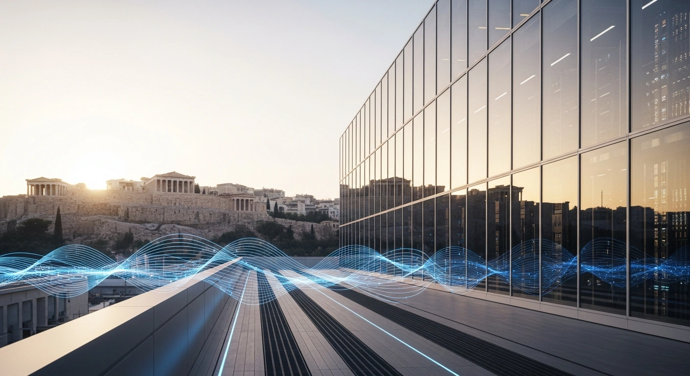 A modern Amazon Web Services infrastructure hub stands in Athens, Greece, representing the expansion of cloud computing services in the region.