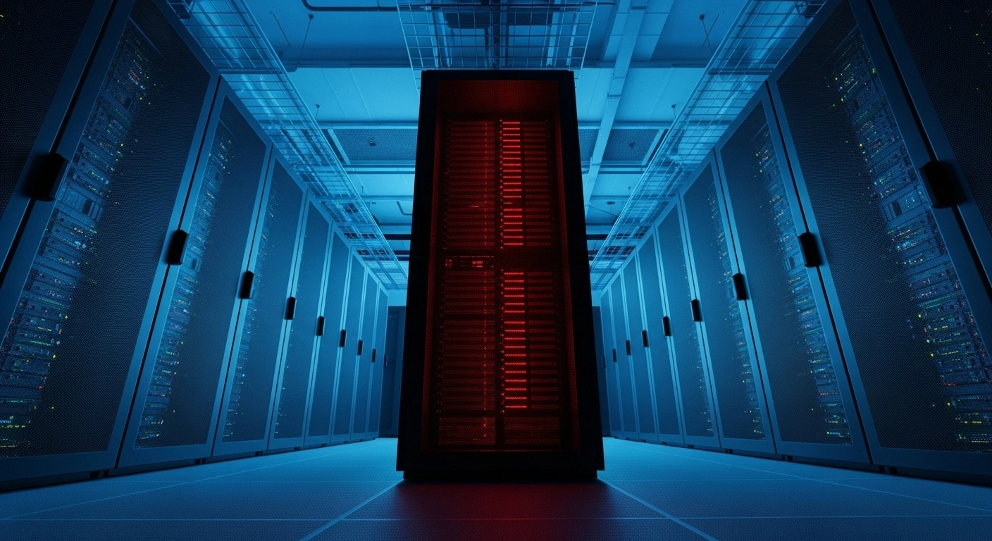 A wide, low-angle view of a hyper-modern data center shows rows of servers with flickering blue and white lights, while a central, towering server rack is dark, representing a widespread internet outage originating from AWS US-EAST-1 that impacted platforms like Snapchat, Fortnite, and Prime Video due to a DNS issue.