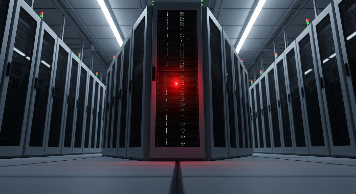 A dimly lit server room with towering, inactive server racks and a single server blade glowing red, symbolizing a widespread AWS outage affecting global applications like Snapchat, WhatsApp, Signal, and Zoom due to a DNS resolution failure impacting DynamoDB and network load balancers, causing a 15-hour service interruption for millions of users.