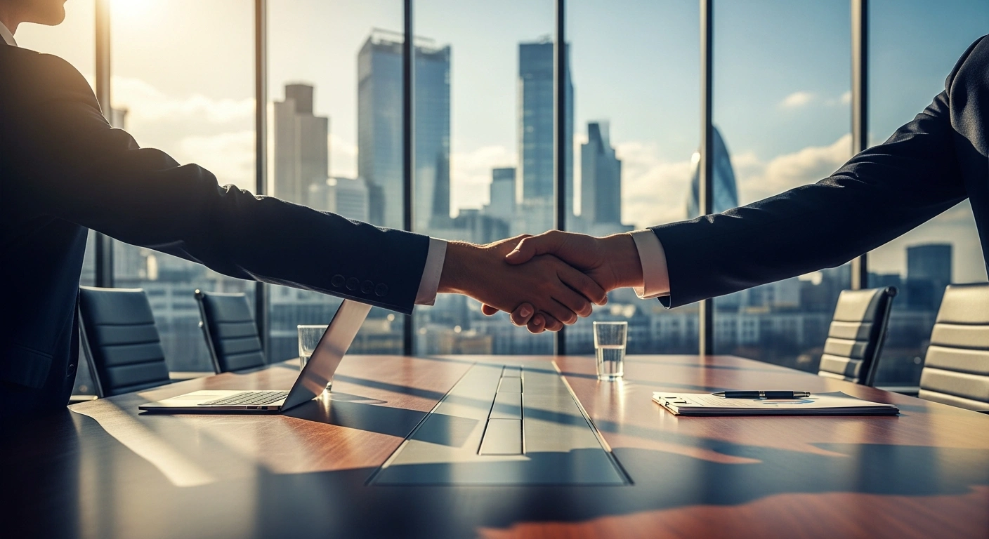 Two business executives shake hands in a modern office to finalize the acquisition of The Daily Telegraph by Axel Springer.