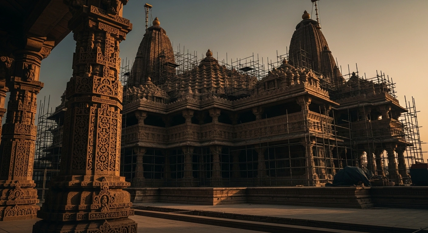 The construction site of the Ram Temple in Ayodhya stands under a dramatic sky following the resignation of key officials from the Shri Ram Janmabhoomi Teerth Kshetra Trust.