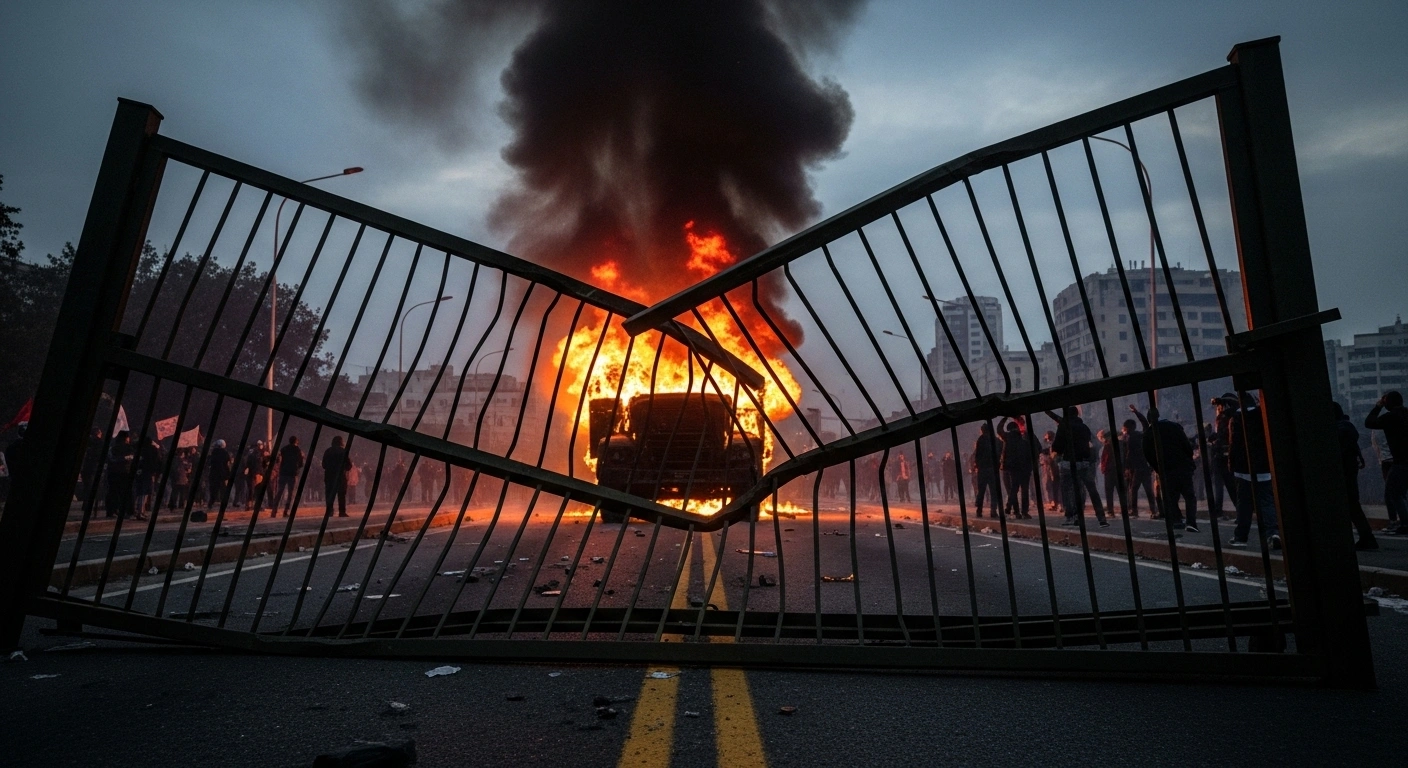 A twisted military base gate lies damaged, with a large truck engulfed in flames behind it, surrounded by protesters demanding justice for the 43 disappeared Ayotzinapa students in Mexico City.