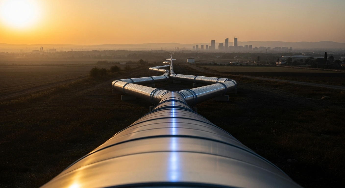 A wide-angle photograph at golden hour depicts the Trans Adriatic Pipeline, symbolizing Azerbaijan's state energy company SOCAR initiating natural gas deliveries to Germany and Austria, as part of Europe's efforts to diversify energy sources.