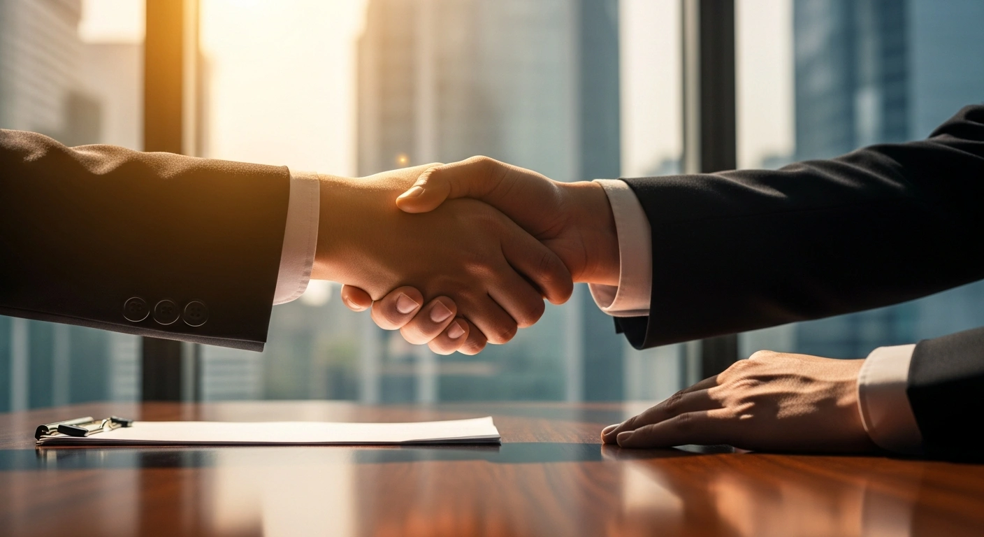 Two representatives from the Central Bank of Azerbaijan and the Central Bank of Sudan shake hands to finalize a new partnership agreement.