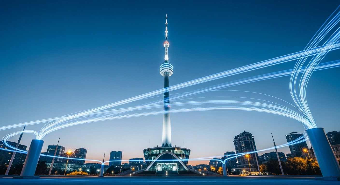 A modern telecommunications tower stands in Azerbaijan as part of a digital infrastructure project funded by the Islamic Corporation for the Development of the Private Sector and Azerconnect Group.