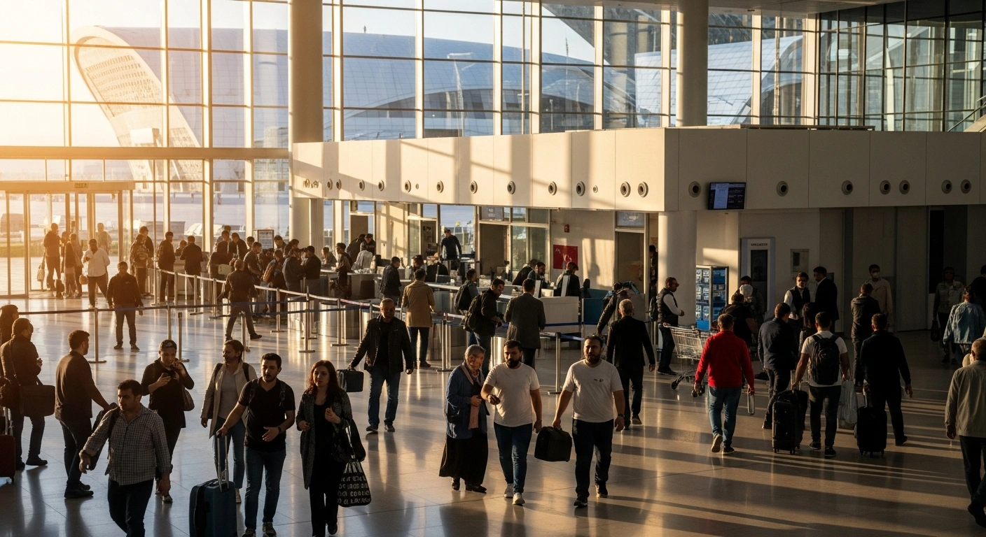 A wide, dynamic shot of a modern, sun-drenched airport arrivals hall in Baku, Azerbaijan, showing diverse travelers, including those from Turkey, moving smoothly through an open customs area, symbolizing new visa-free access and enhanced tourism and business ties.