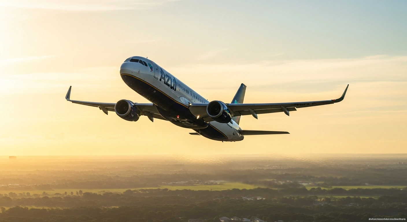 A modern Azul jetliner, its fuselage gleaming under the warm, golden light of a sunrise, is captured in a powerful ascent against a vibrant Brazilian landscape, symbolizing the airline's successful financial restructuring and emergence from Chapter 11.