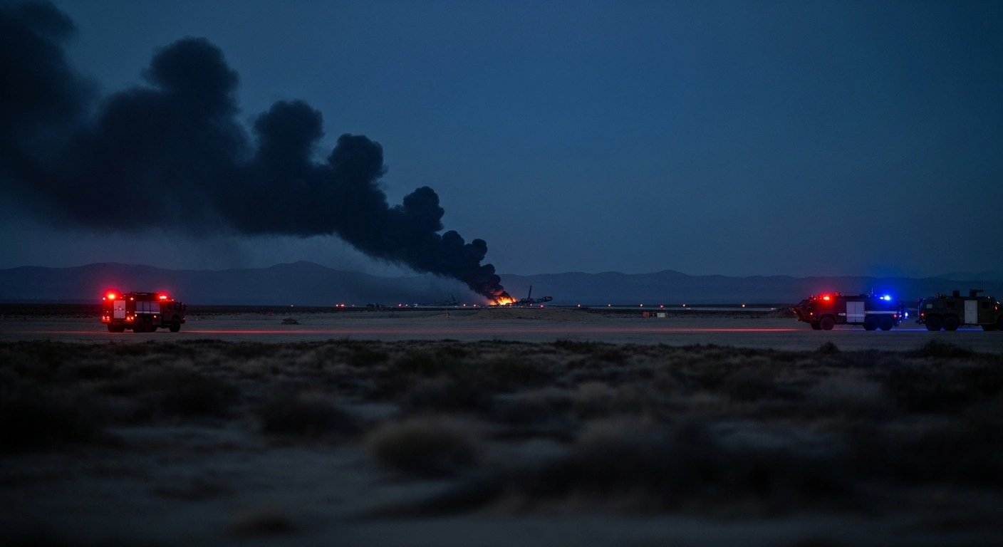 A plume of smoke rises from a B-52 bomber crash site at Edwards Air Force Base in California following a fatal accident.