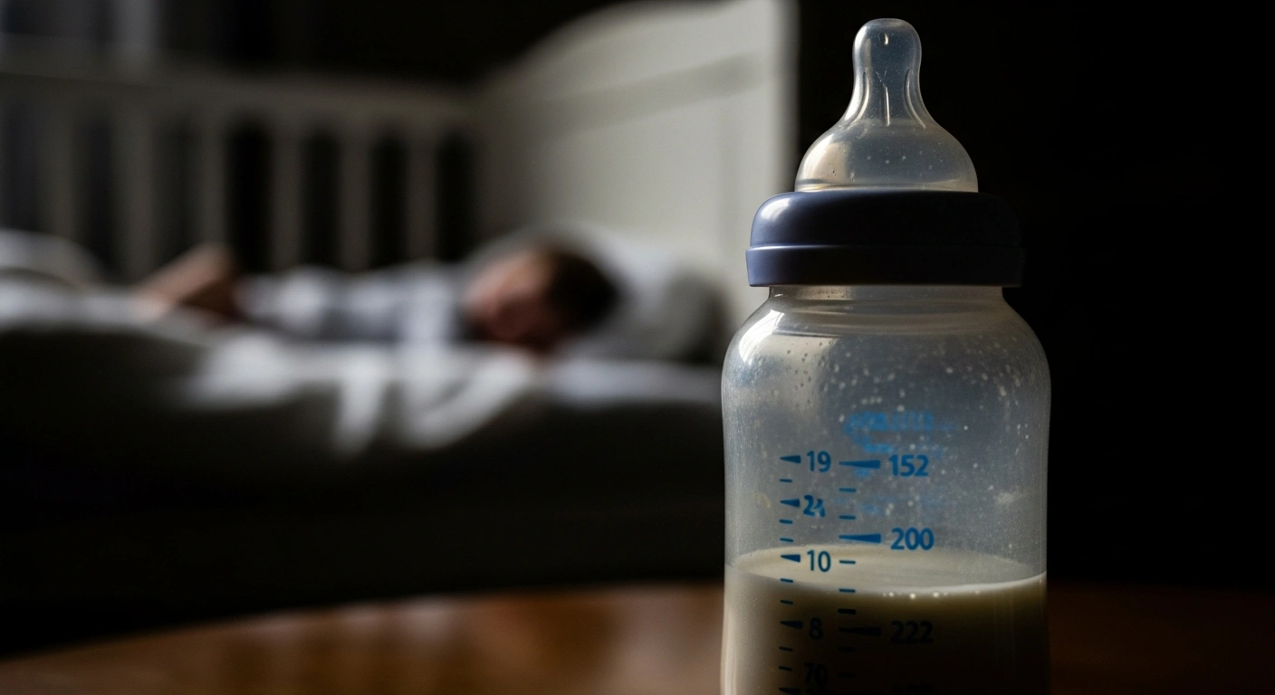 A close-up, low-angle shot of a half-empty baby bottle with murky contents under cold light, with a blurred background showing a distressed child in a crib, illustrating the health concerns surrounding recalled baby formula linked to cereulide toxin poisoning in children investigated by the UK Health Security Agency.