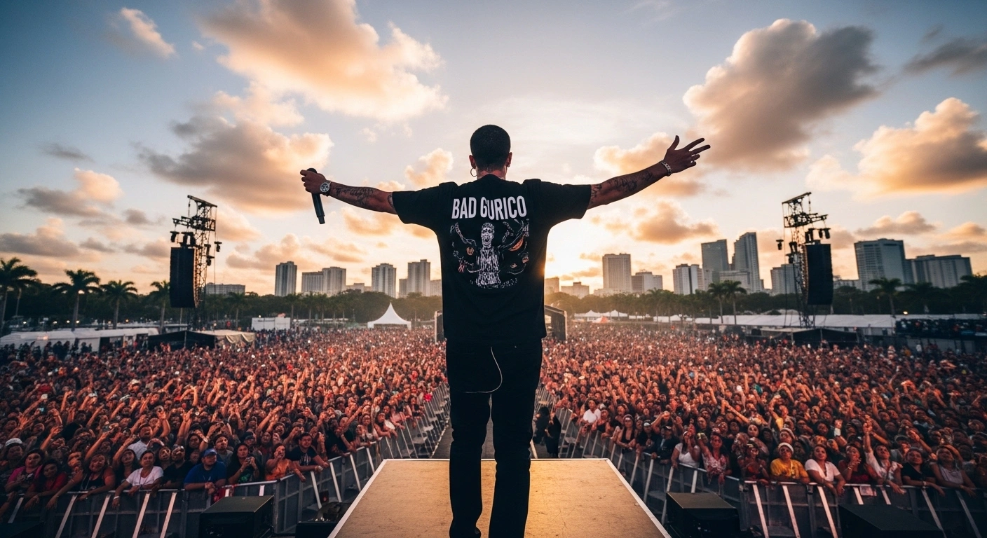 A wide, low-angle shot depicts global superstar Bad Bunny on a massive outdoor stage, silhouetted against a golden sunset, with a vast crowd of half a million fans and the San Juan skyline in the background, symbolizing his significant economic impact on Puerto Rico and his upcoming Super Bowl Halftime Show performance.