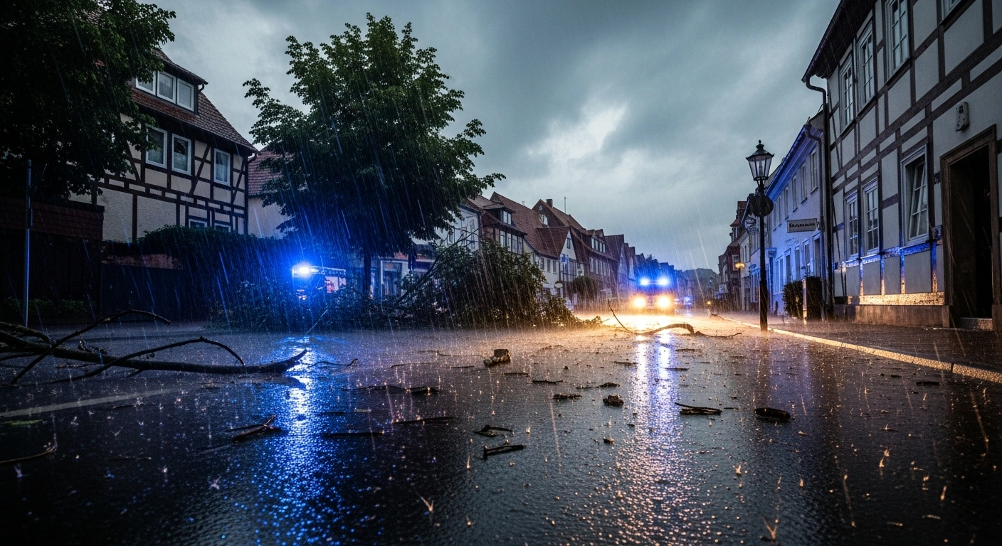 Emergency vehicles respond to a flooded street in Baden-Württemberg following a severe storm with heavy rainfall and wind damage.