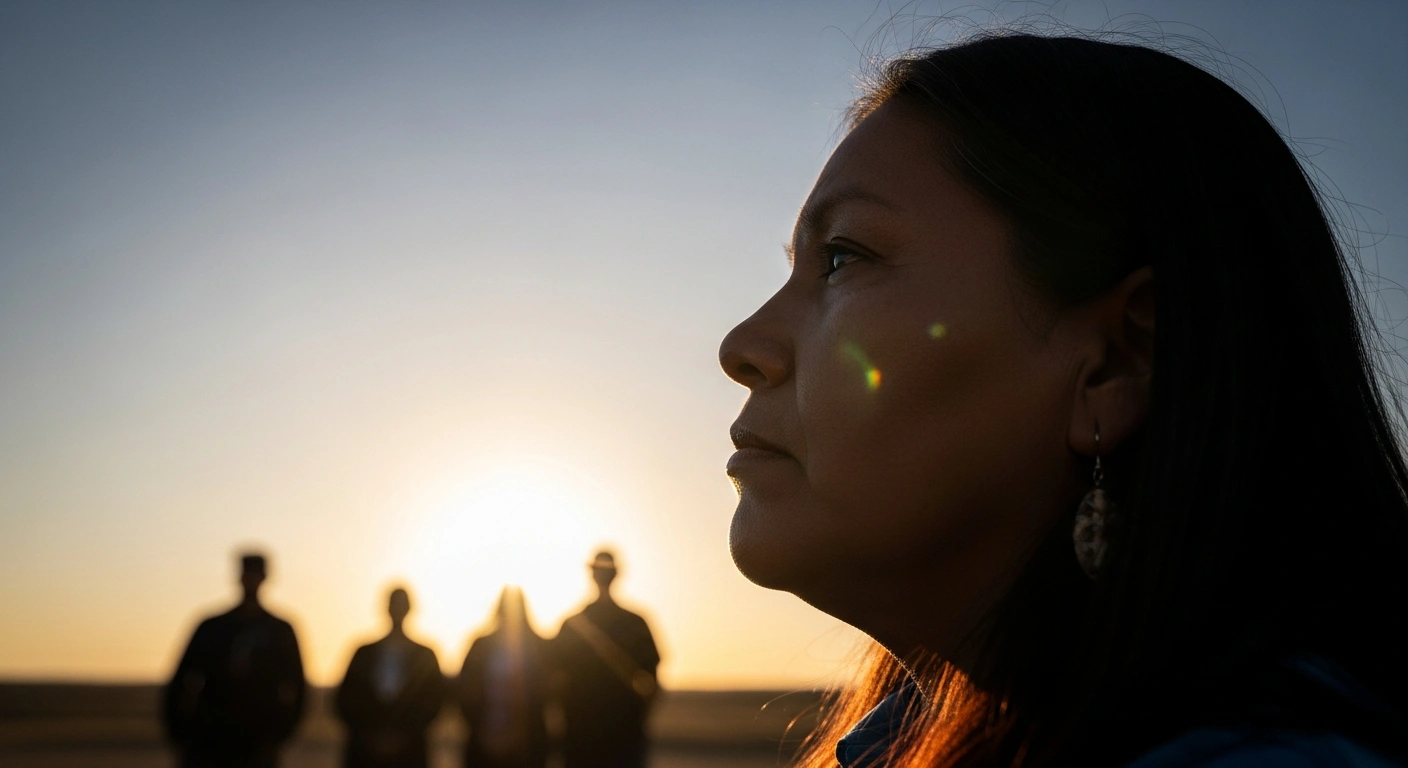 A stoic Indigenous woman stands in profile, bathed in golden hour light, gazing towards a hopeful horizon, symbolizing the U.S. Senate's unanimous passage of the BADGES for Native Communities Act to enhance public safety, bolster tribal law enforcement, improve missing persons resources, and address the MMIW crisis.