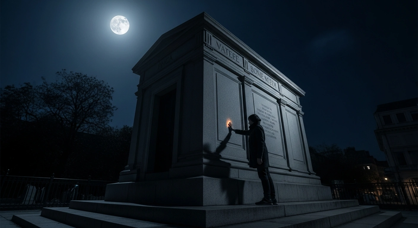 A solitary young figure stands before a grand, weathered stone tomb under the ethereal glow of moonlight, with a faint mark visible on its surface, representing the defacement of Robert Badinter's tomb.