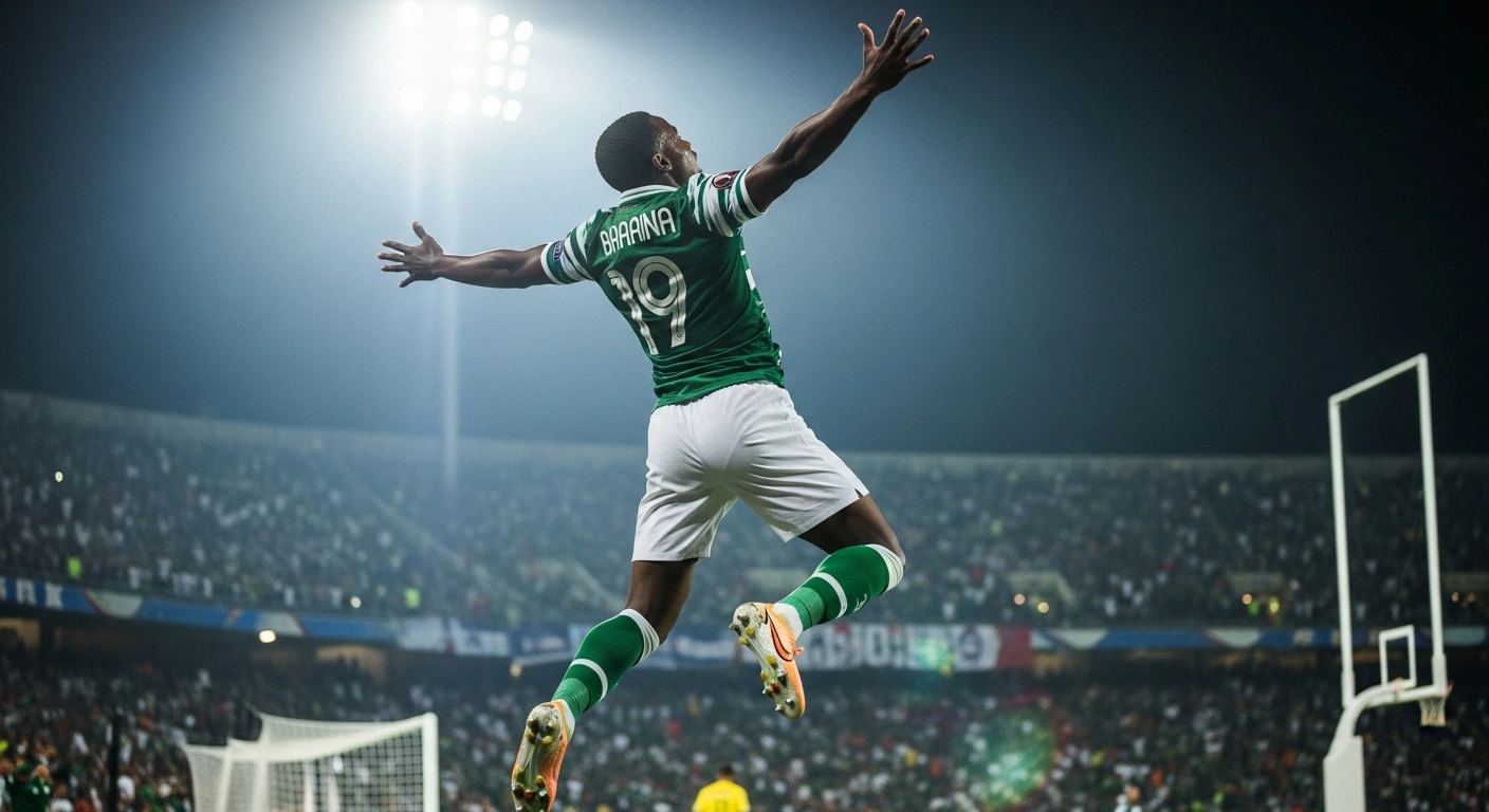 A South African Bafana Bafana football player, celebrating a dramatic 3-2 victory against Zimbabwe in Marrakech, is captured mid-air with arms outstretched under bright stadium floodlights, securing their spot in the 2025 Africa Cup of Nations Round of 16 after goals by Tshepang Moremi, Lyle Foster, and Oswin Appollis.