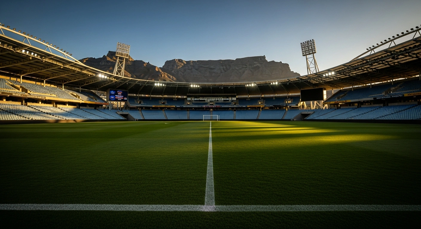 The DHL Cape Town Stadium stands ready for an international football friendly match between South Africa and Panama with Table Mountain visible in the background.