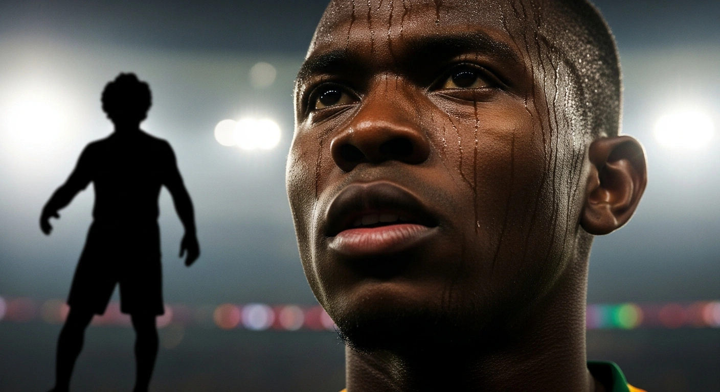 A determined Bafana Bafana player from South Africa stands confidently under dramatic stadium lights, ready to face Egypt's Premier League contingent, including Mohamed Salah and Omar Marmoush, in a crucial Africa Cup of Nations match.