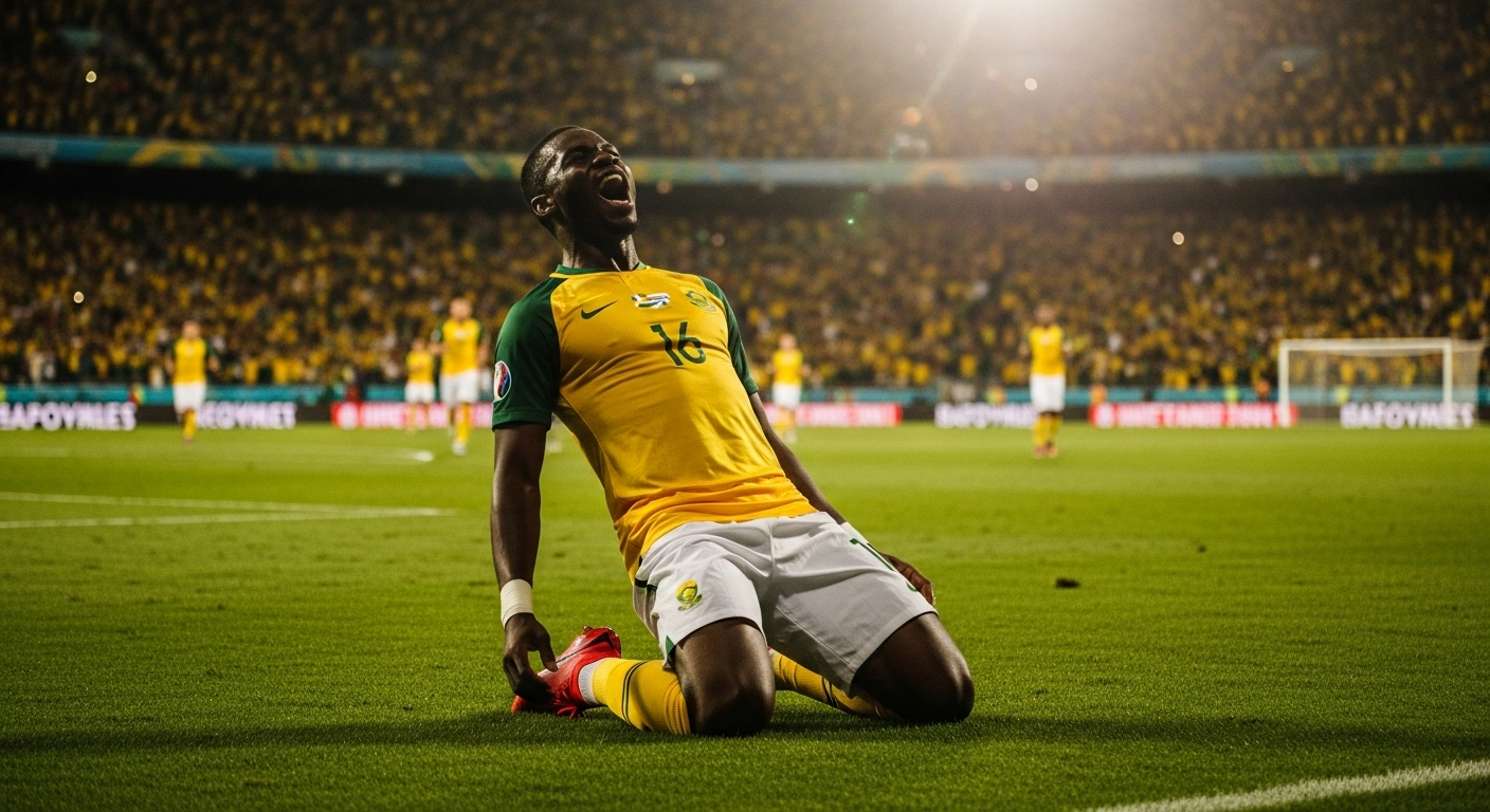 A South African football player celebrates on the field after Bafana Bafana secured a victory to qualify for the 2026 FIFA World Cup knockout stages.