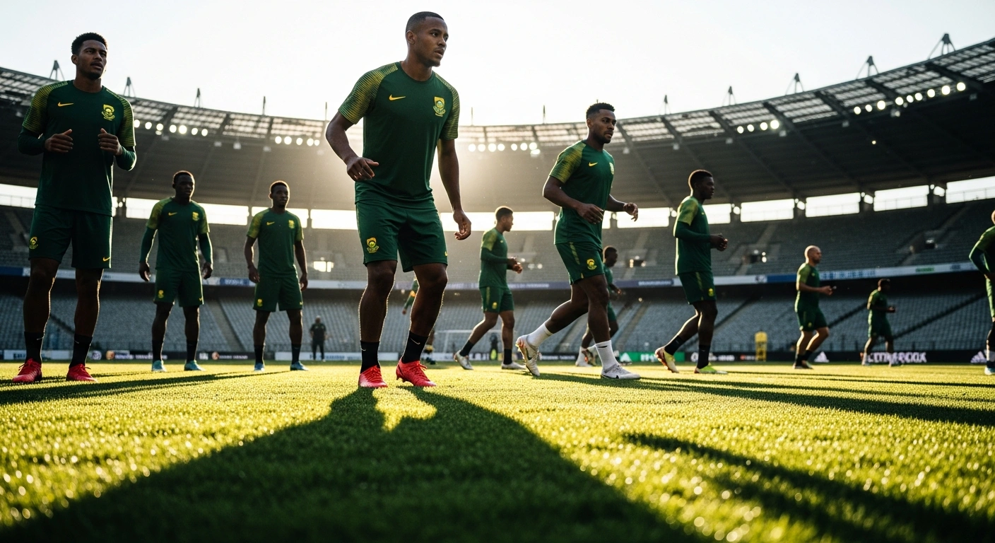 South African football players from the Bafana Bafana squad participate in an intense training session on a field to prepare for their upcoming World Cup match.