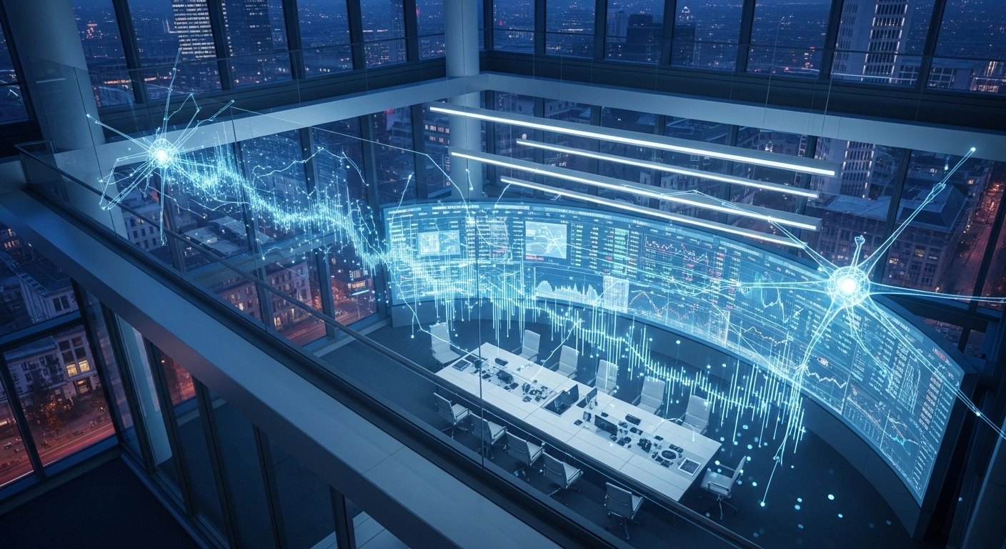A modern financial office in Germany features a digital neural network overlay representing BaFin's new artificial intelligence oversight division monitoring financial market data.
