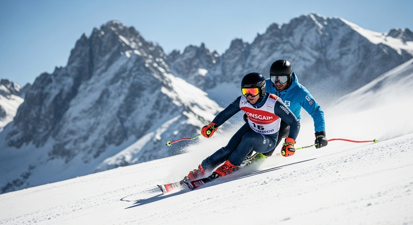 Russian para-skier Anastasia Bagiyan and her guide Sergei Sinyakin celebrate their gold medal performance on the slopes at the 2026 Winter Paralympics in Italy.
